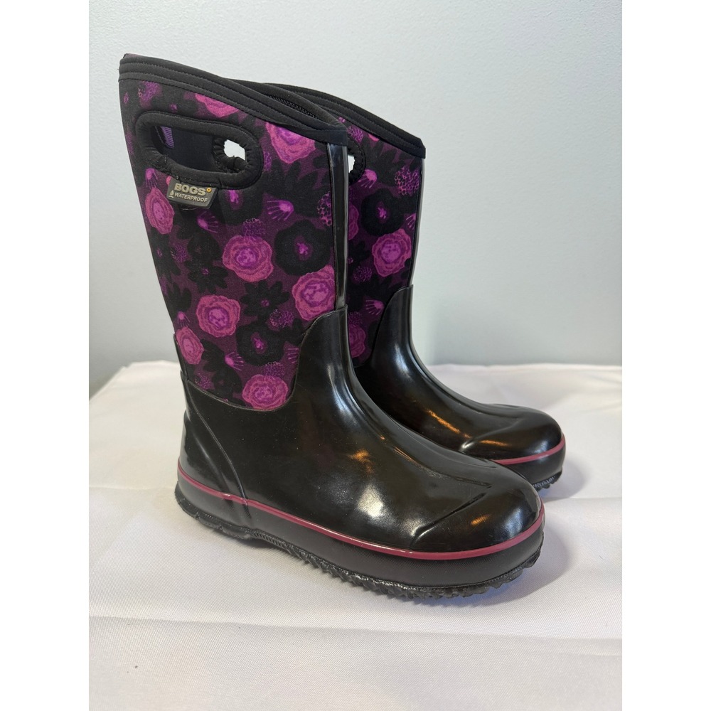 Bogs Girls Rubber Boots Size 4 Black Purple Classic Floral Watercolor Insulated